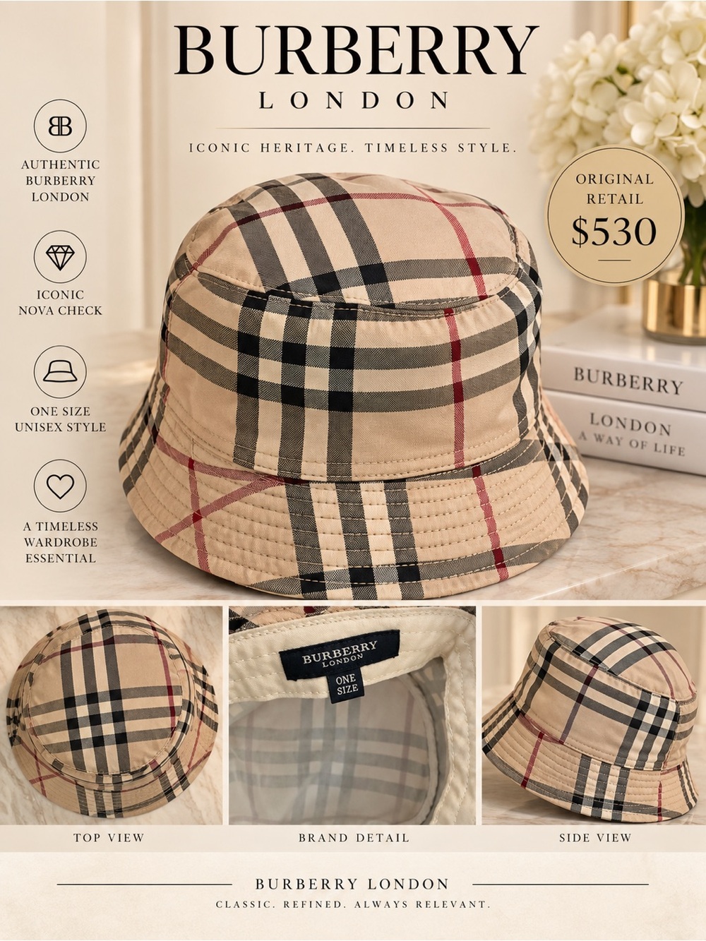 Burberry Beige Nova Check Bucket Hat with Black & Red Accents